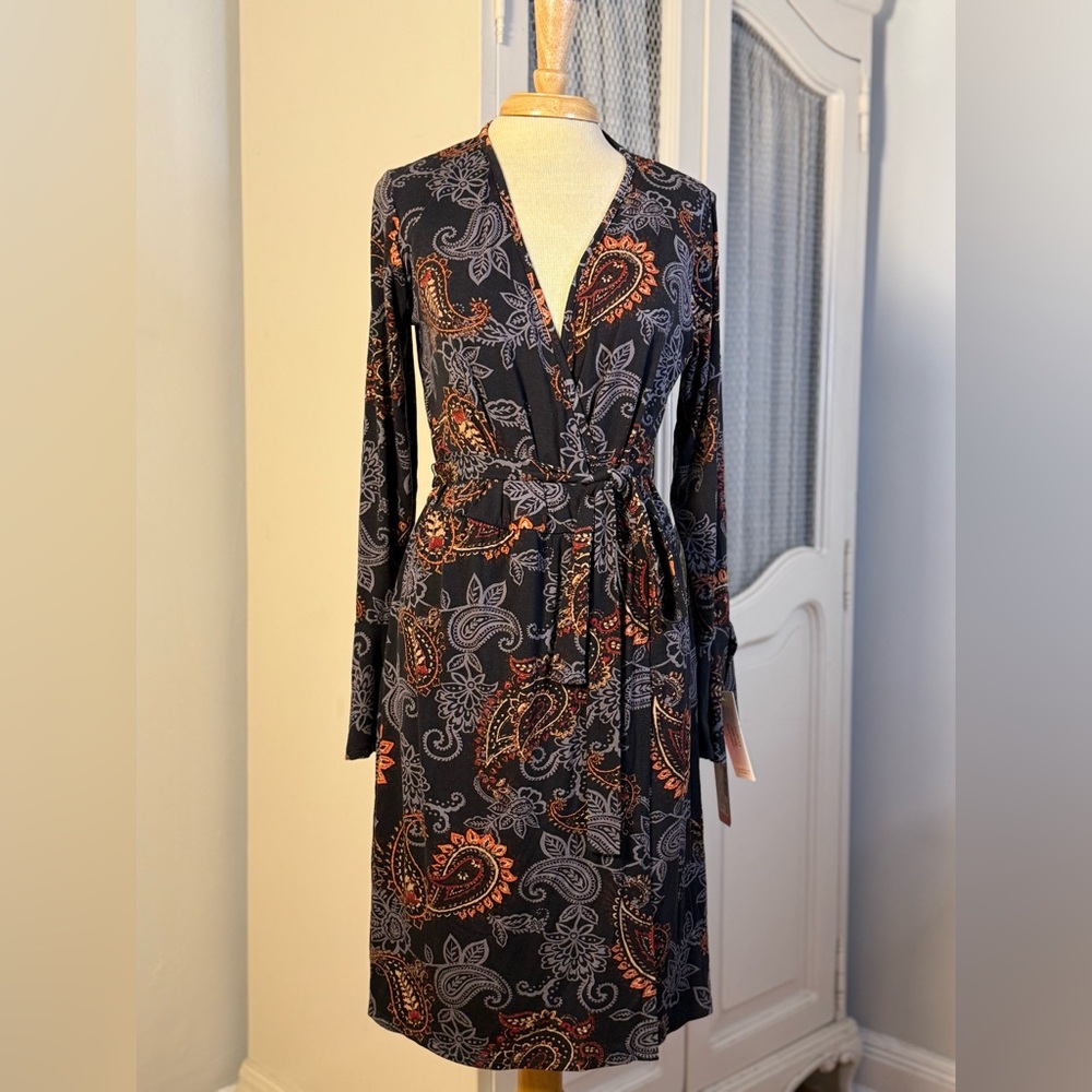 Loveappella Black Boho Paisley Long Sleeve Faux Wrap Dress Women’s Size Large - Picture 6 of 11